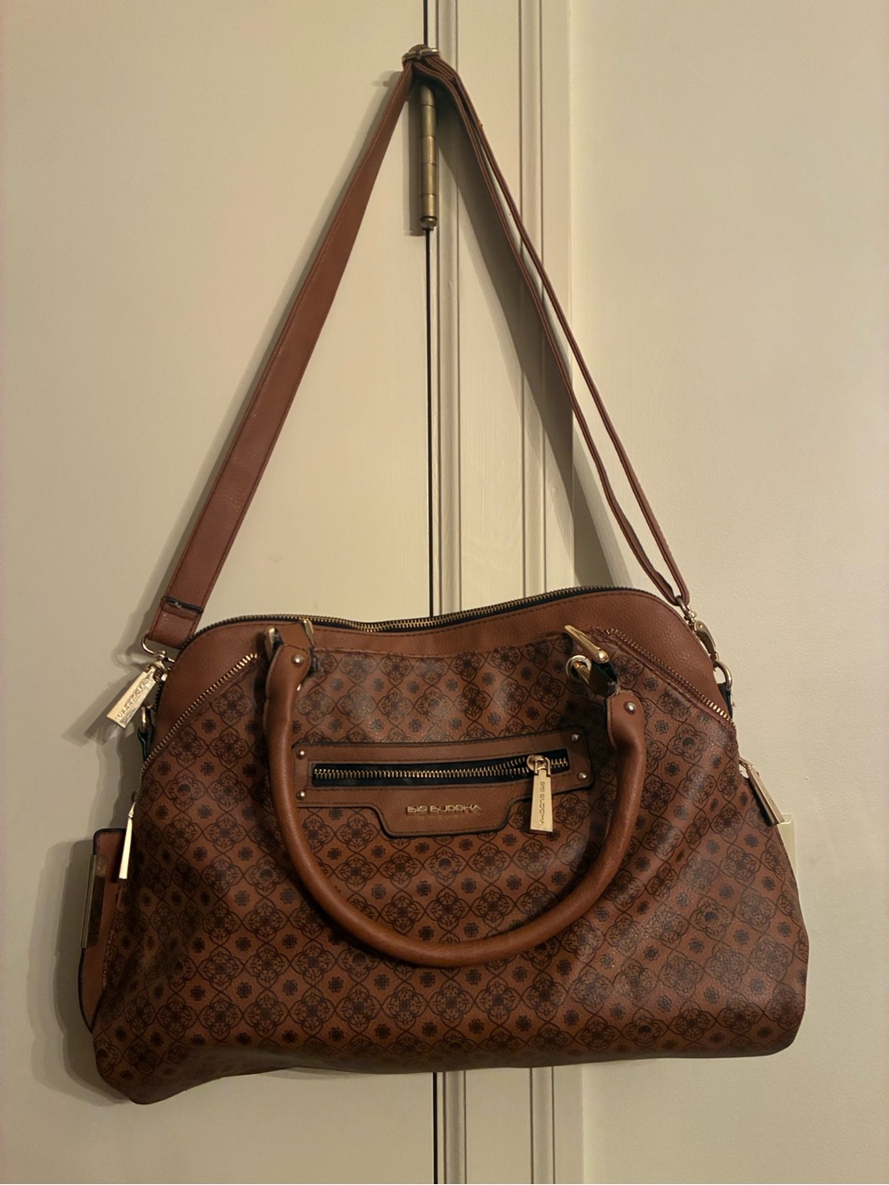 Big Buddha Brown Patterned Leather-Trim Shoulder Bag with Removable Strap